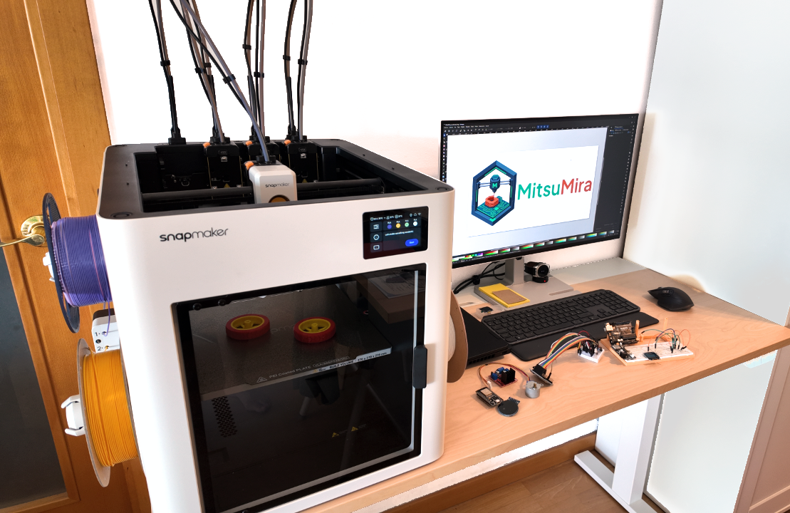 Impresora 3D imprimiendo una pieza, ambiente cálido sobre fondo navy