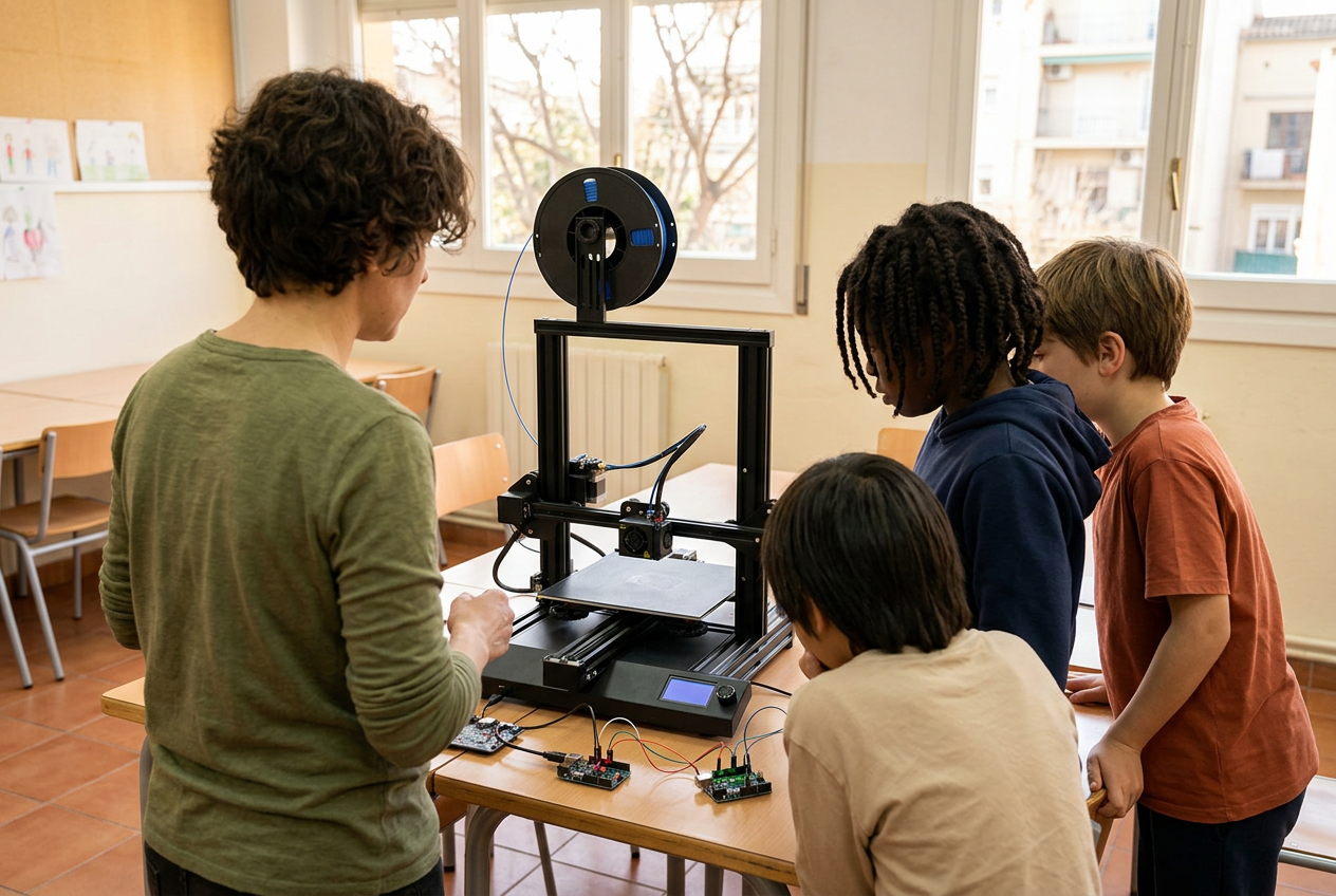 Docente y alumnos en un taller de impresión 3D y robótica