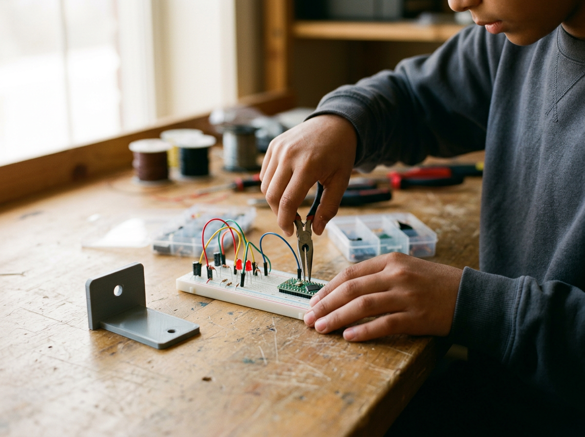 Manos de joven montando un circuito en protoboard junto a una pieza impresa en 3D