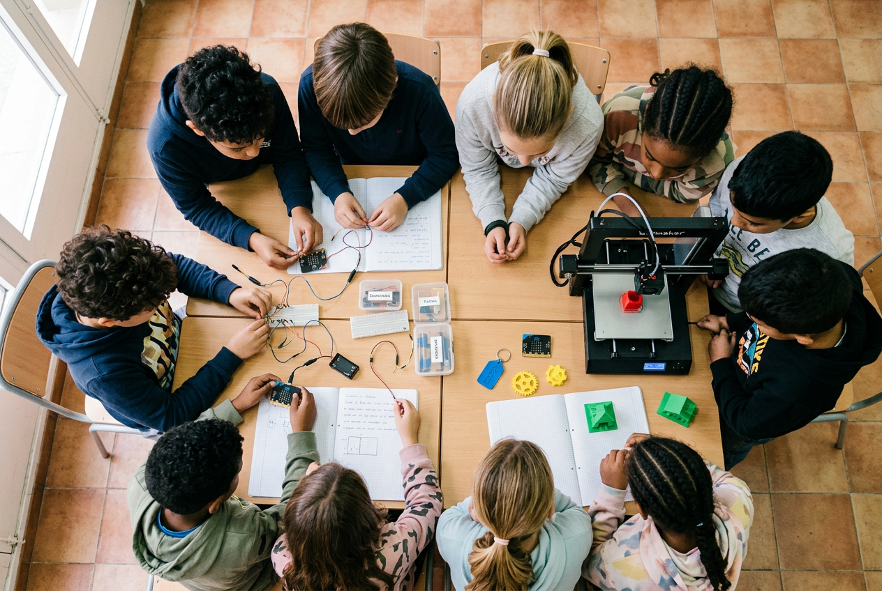 Niños en un taller de robótica y microcontroladores