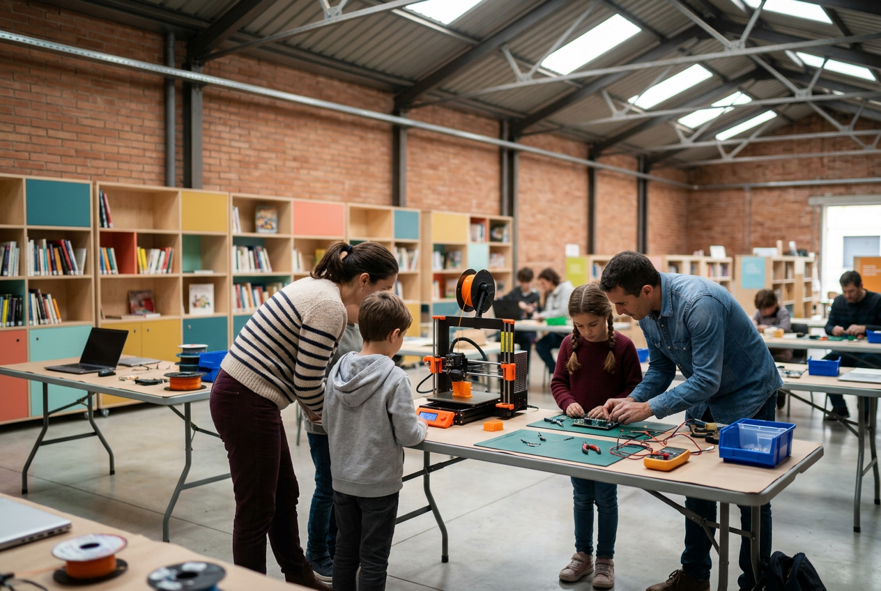 Familias en un taller maker en una biblioteca pública