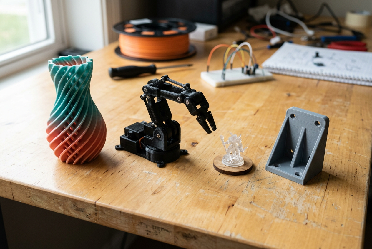 Piezas impresas en distintos materiales: PLA, TPU flexible, resina y PETG