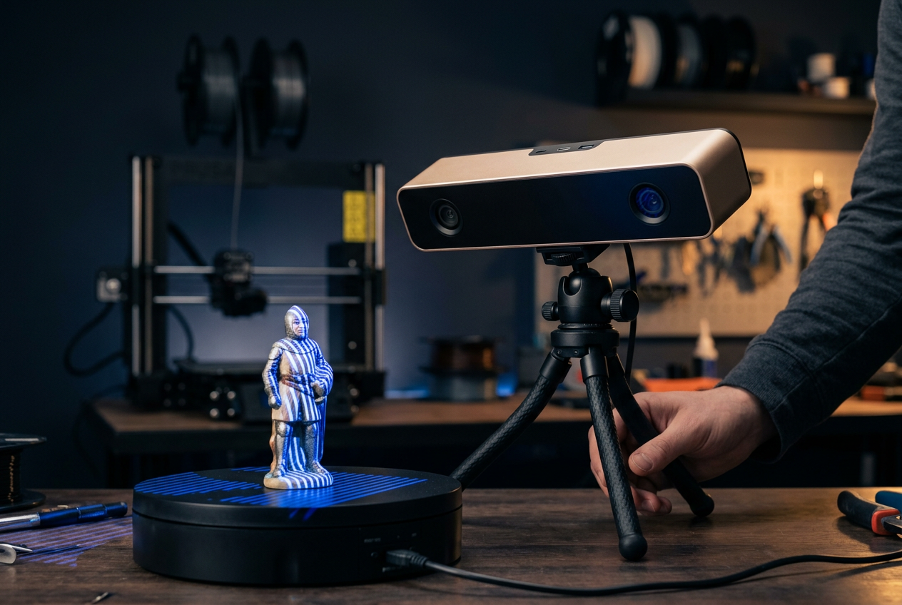 Escáner 3D digitalizando una figura de cerámica